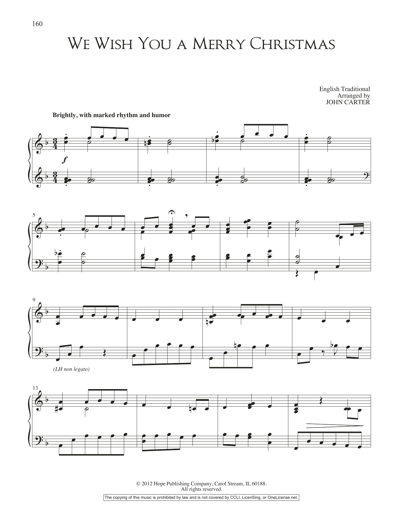 John Carter We Wish You A Merry Christmas sheet music notes and chords arranged for Piano Solo