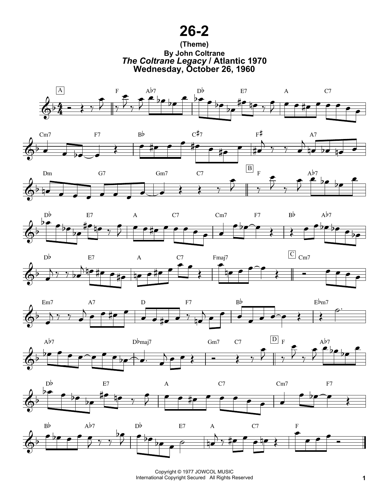 John Coltrane 26-2 sheet music notes and chords arranged for Tenor Sax Transcription