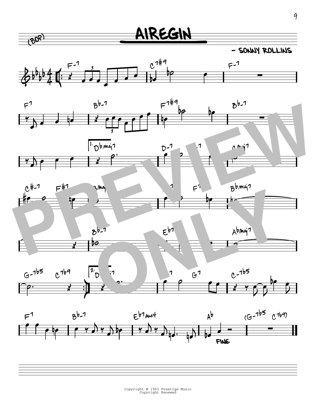John Coltrane Airegin sheet music notes and chords arranged for Real Book – Melody & Chords – Bass Clef Instruments