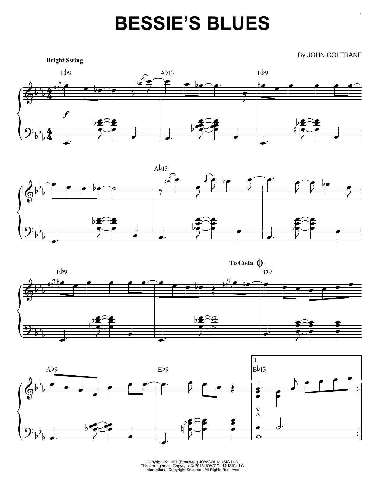 John Coltrane Bessie's Blues (arr. Brent Edstrom) sheet music notes and chords arranged for Piano Solo
