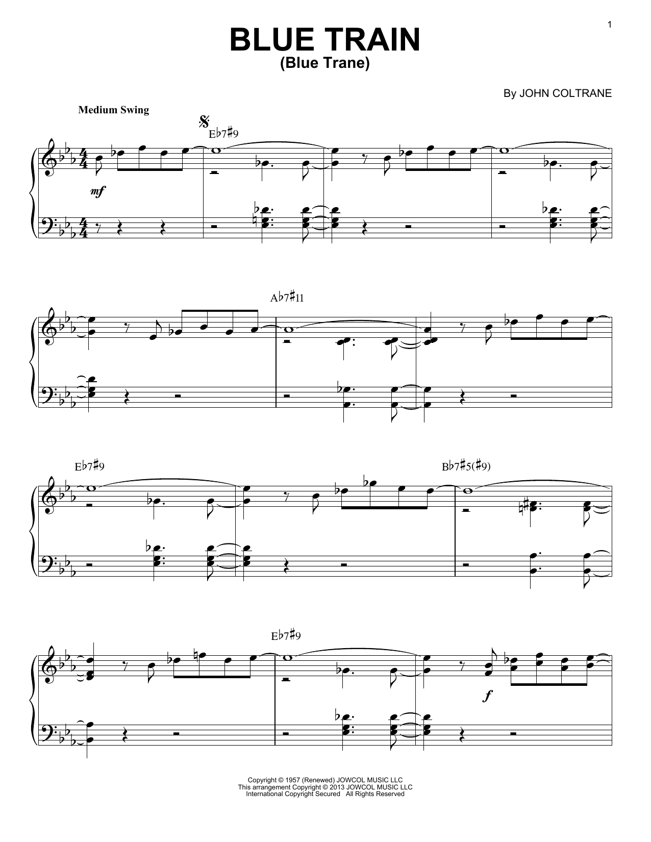 John Coltrane Blue Train (Blue Trane) (arr. Brent Edstrom) sheet music notes and chords arranged for Piano Solo