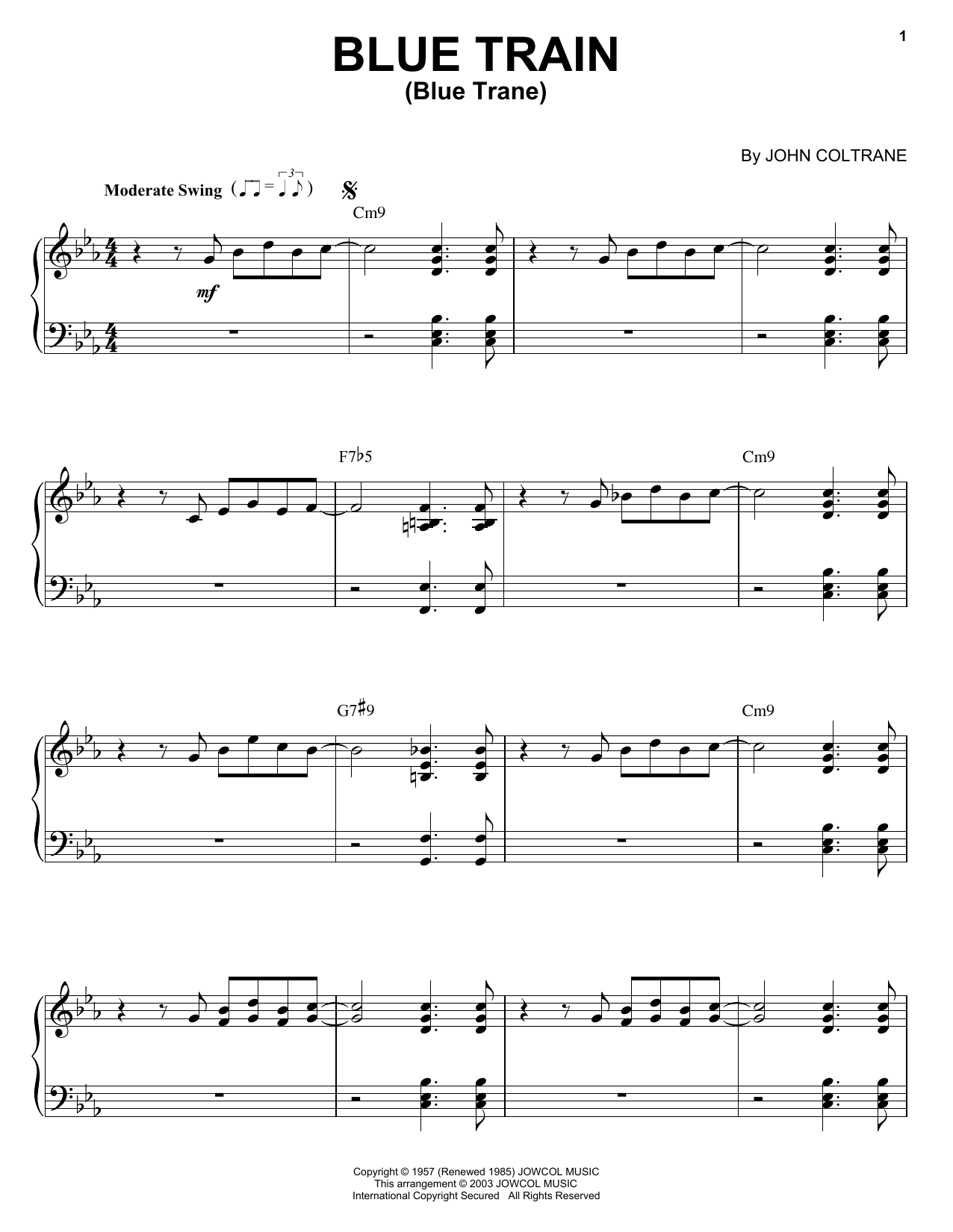 John Coltrane Blue Train (Blue Trane) sheet music notes and chords arranged for Real Book – Melody & Chords – Bb Instruments