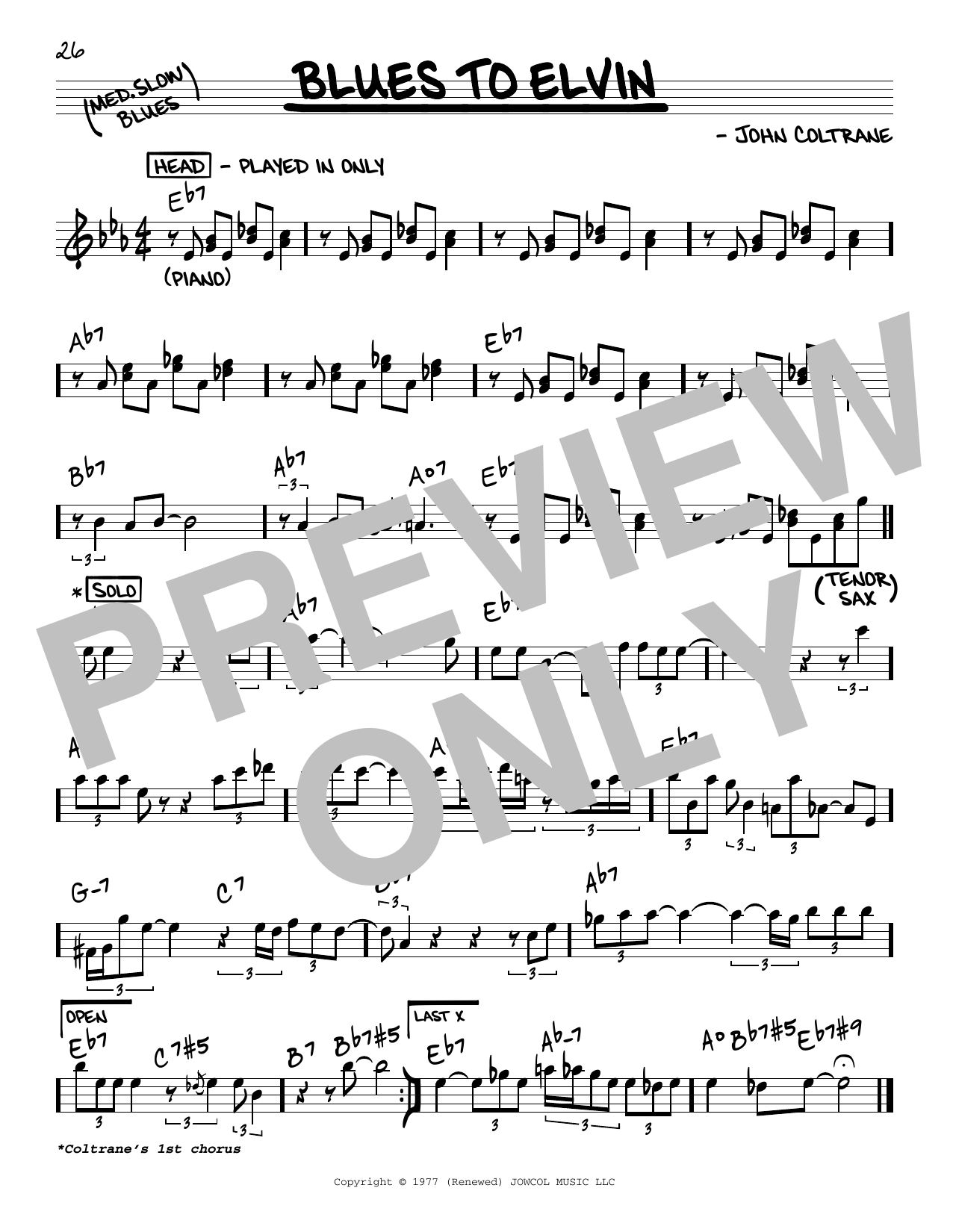 John Coltrane Blues To Elvin sheet music notes and chords arranged for Real Book – Melody & Chords