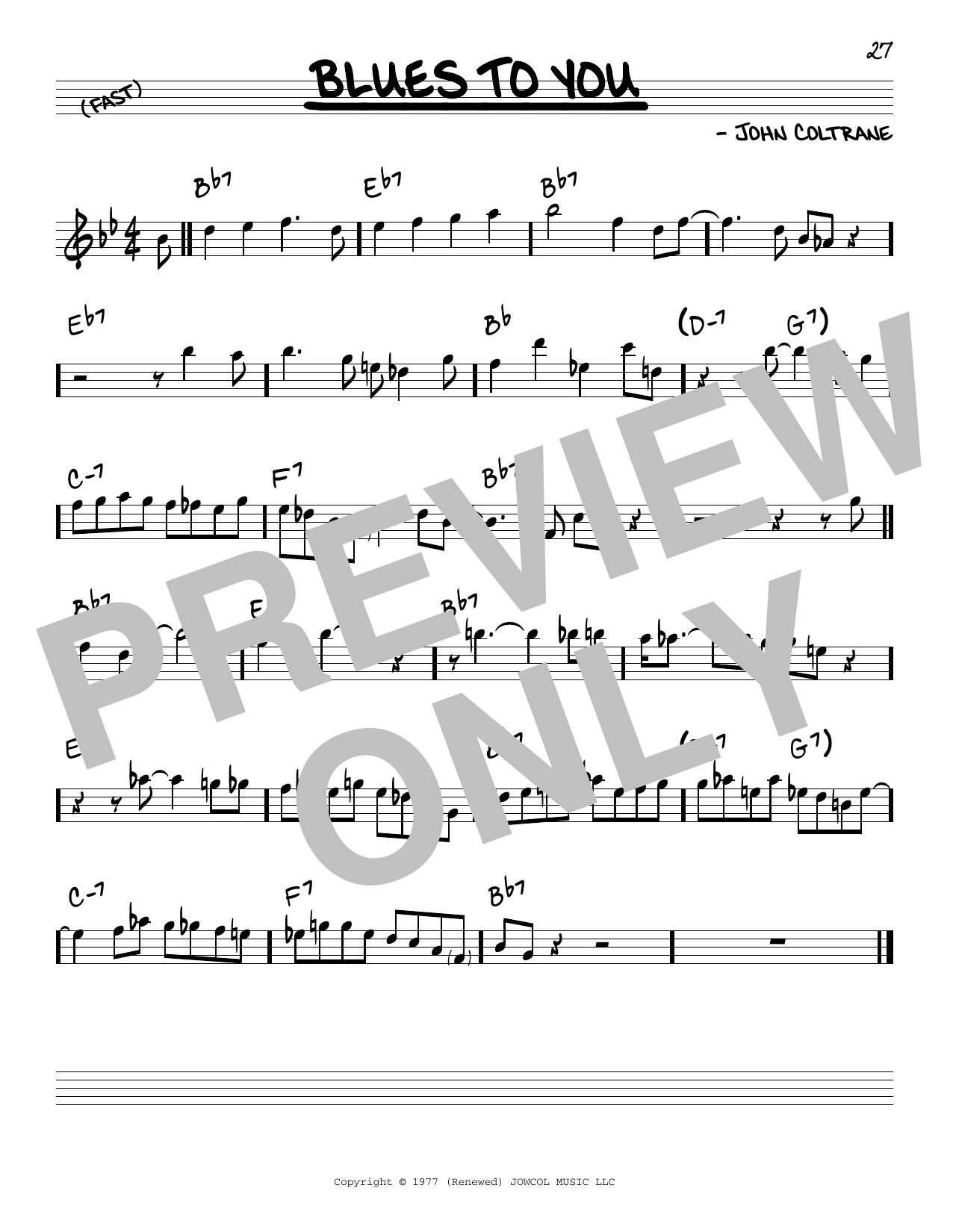 John Coltrane Blues To You sheet music notes and chords arranged for Real Book – Melody & Chords