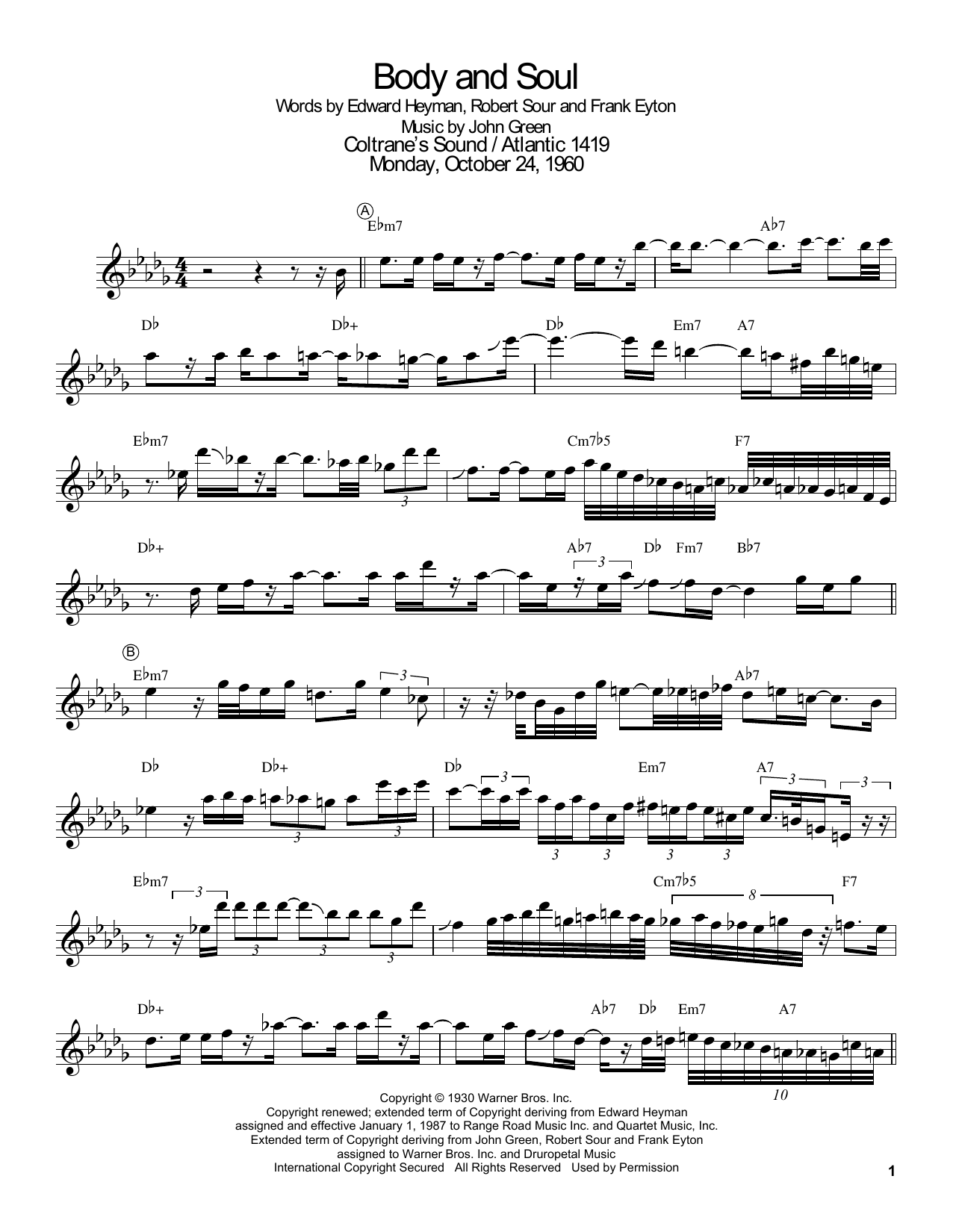 John Coltrane Body And Soul sheet music notes and chords arranged for Tenor Sax Transcription