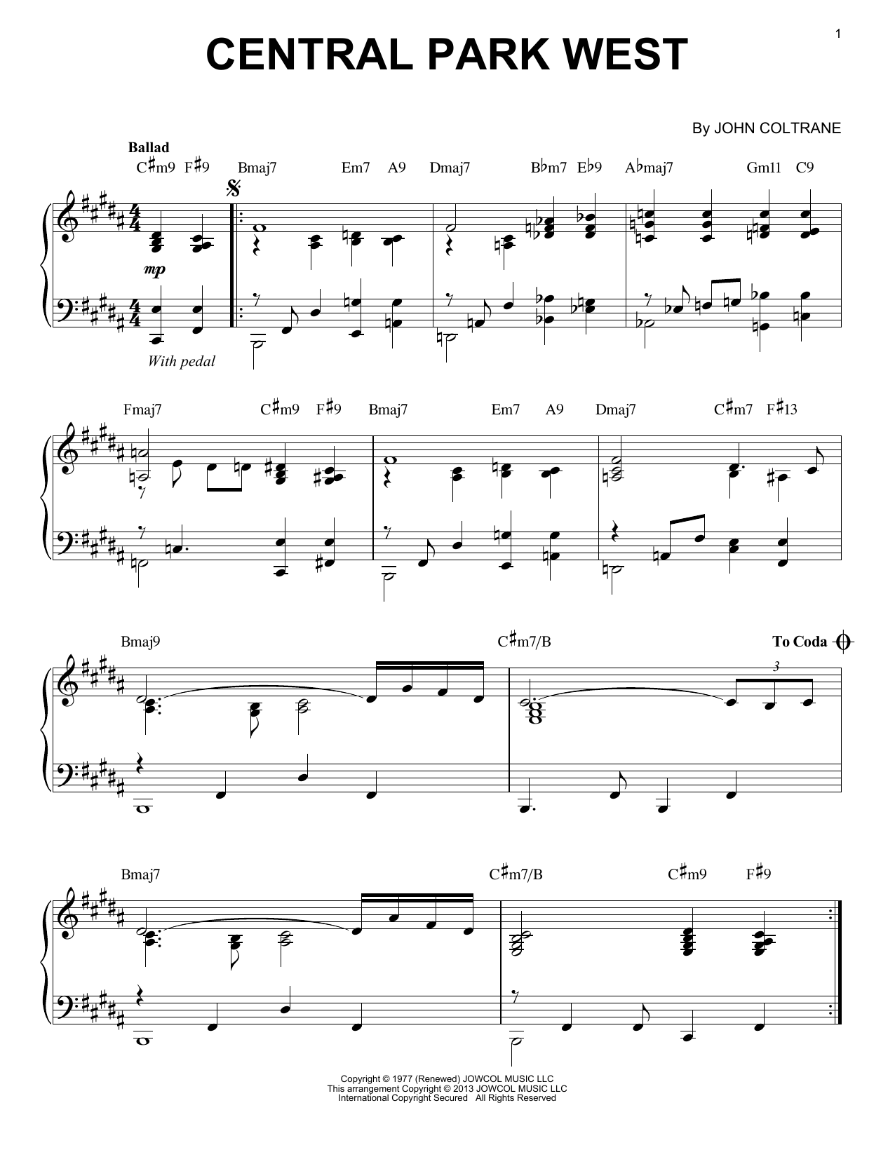 John Coltrane Central Park West (arr. Brent Edstrom) sheet music notes and chords arranged for Piano Solo