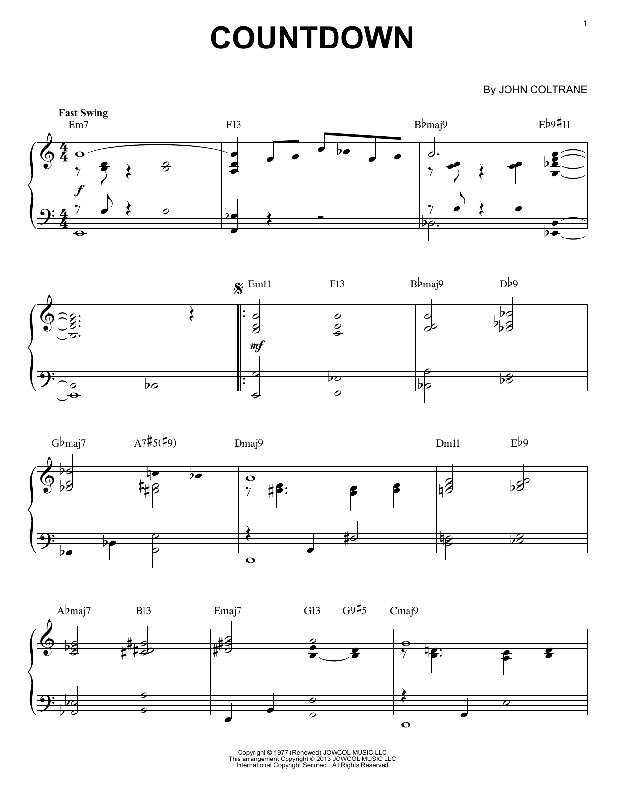 John Coltrane Countdown (arr. Brent Edstrom) sheet music notes and chords arranged for Piano Solo