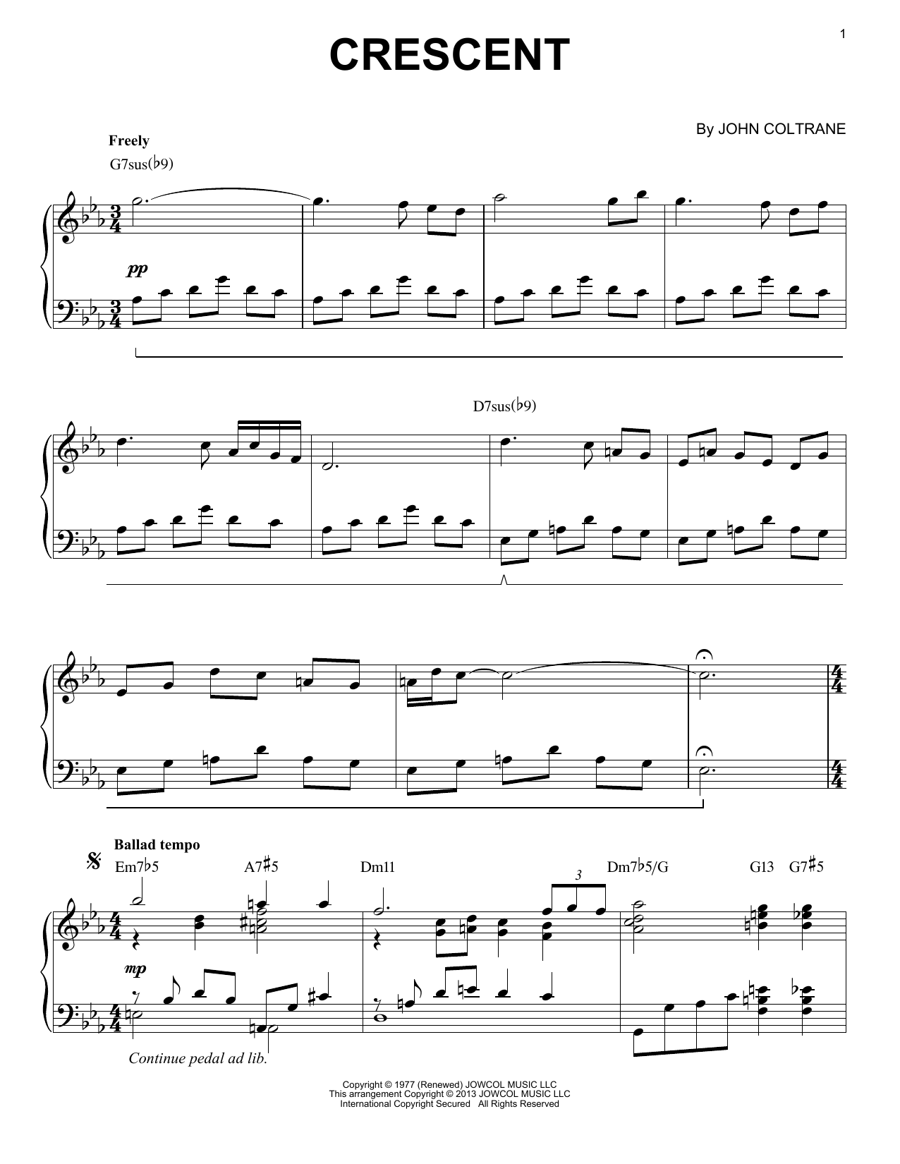 John Coltrane Crescent (arr. Brent Edstrom) sheet music notes and chords arranged for Piano Solo