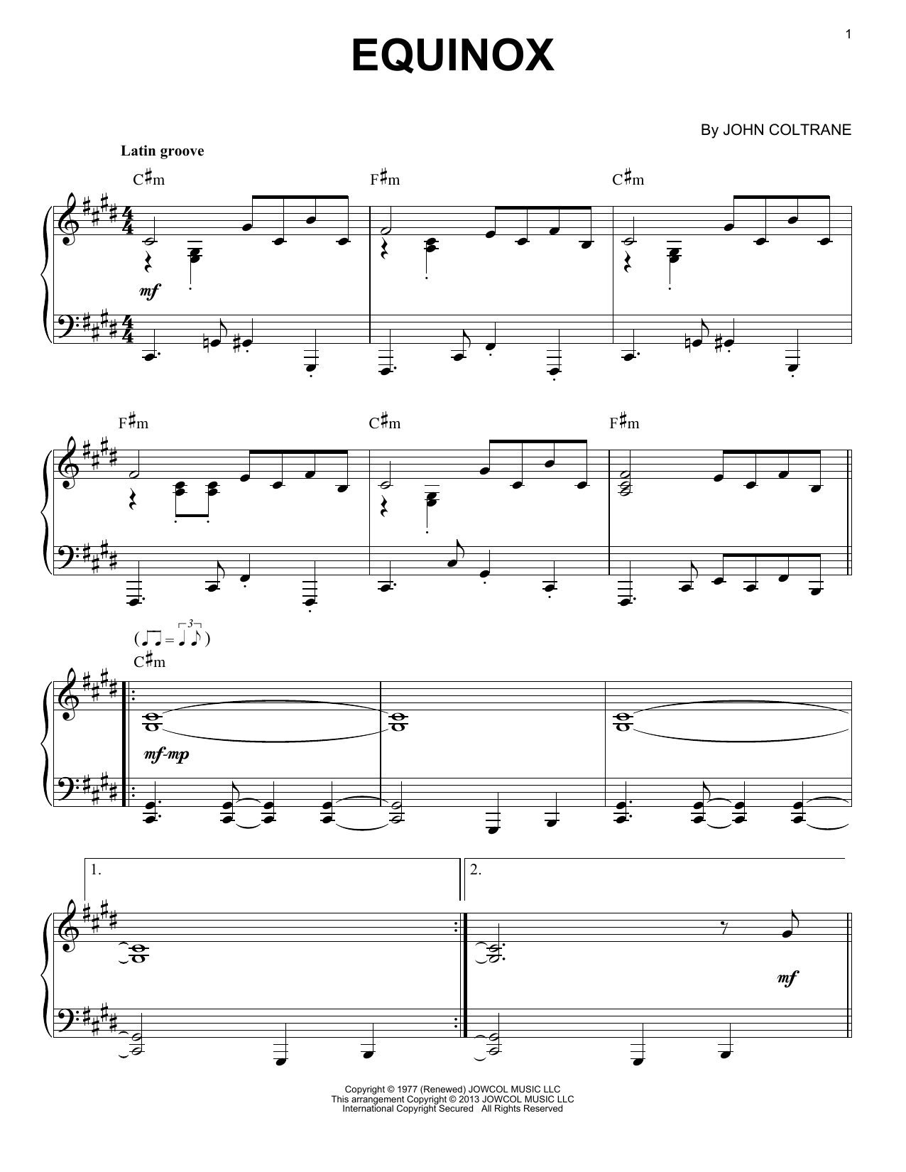 John Coltrane Equinox (arr. Brent Edstrom) sheet music notes and chords arranged for Piano Solo