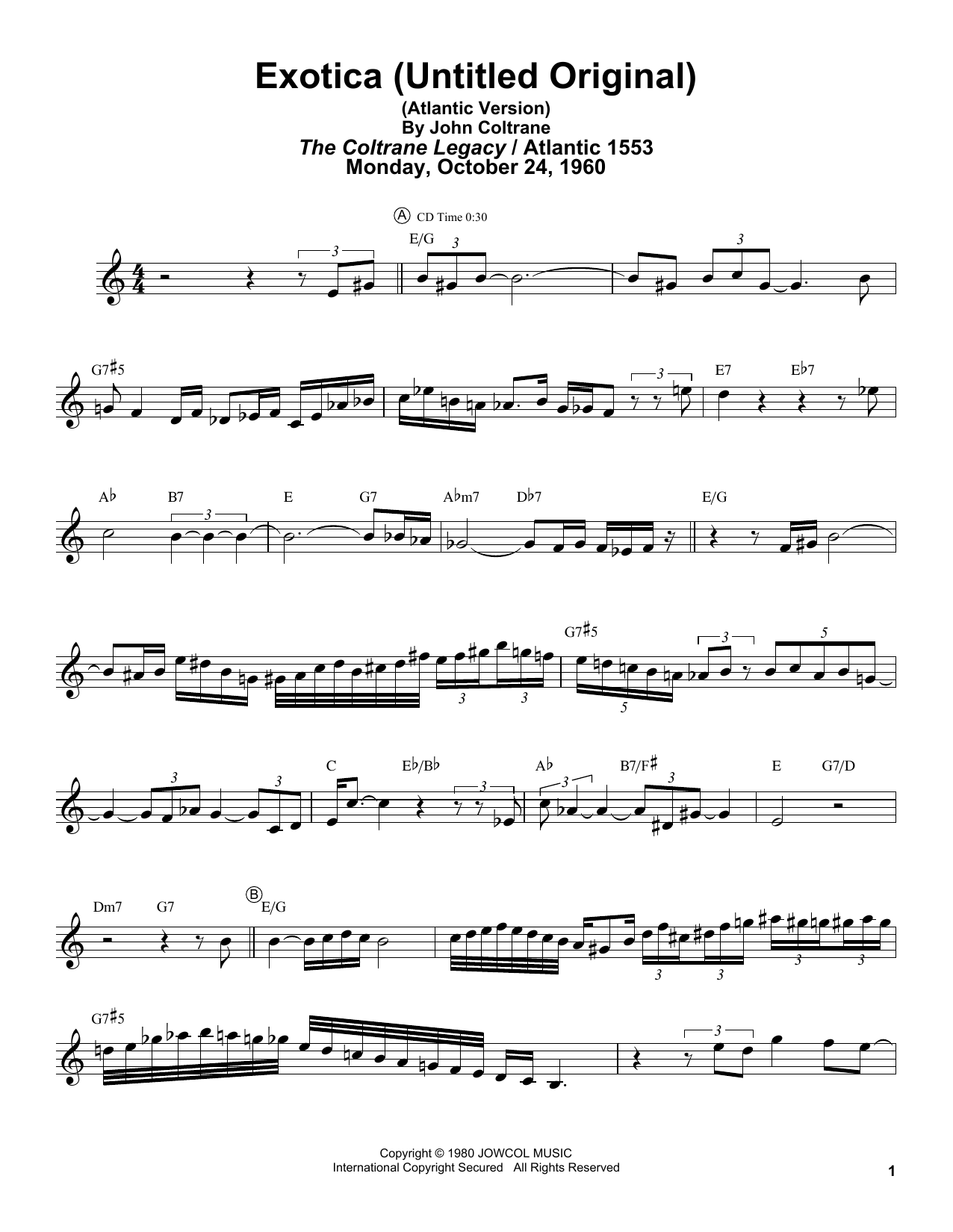 John Coltrane Exotica (Untitled Original) (Atlantic Version) sheet music notes and chords arranged for Tenor Sax Transcription