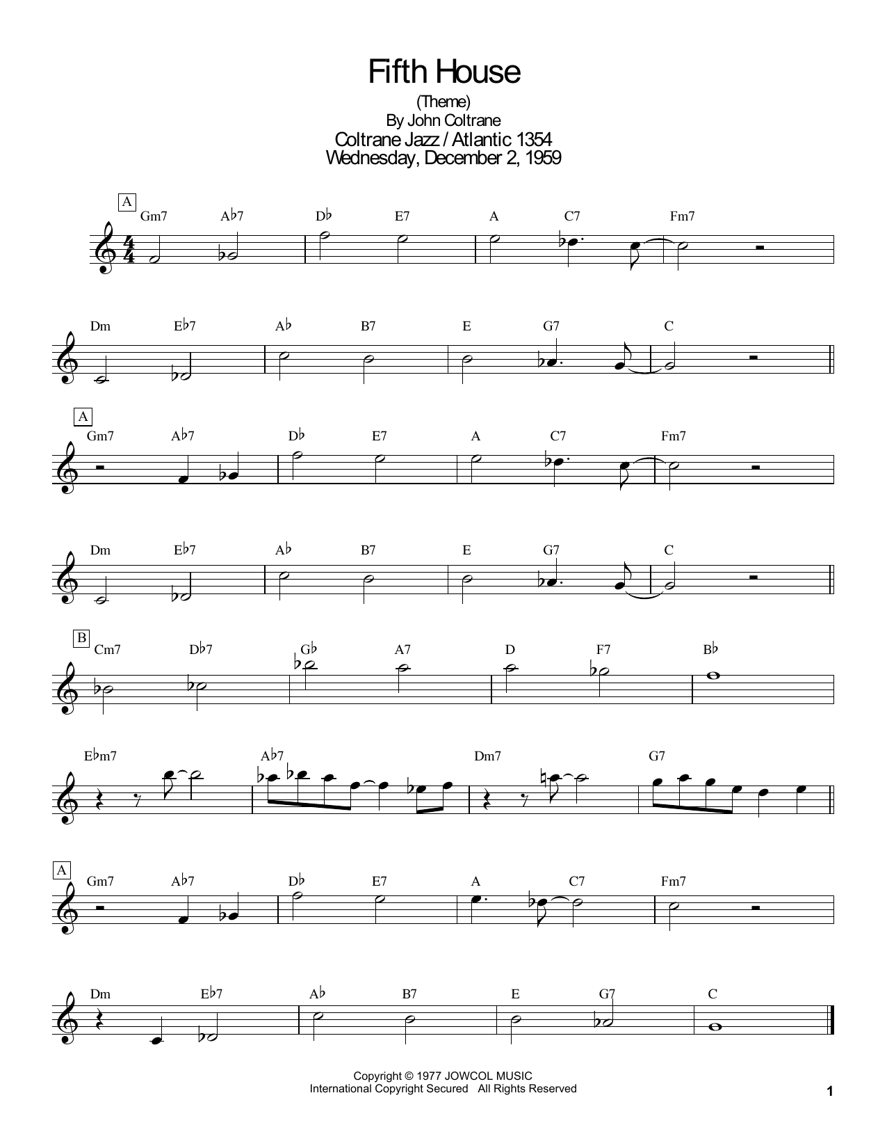 John Coltrane Fifth House sheet music notes and chords arranged for Real Book – Melody & Chords