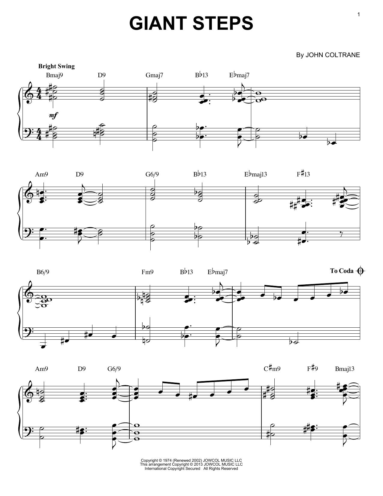 John Coltrane Giant Steps [Jazz version] (arr. Brent Edstrom) sheet music notes and chords arranged for Piano Solo