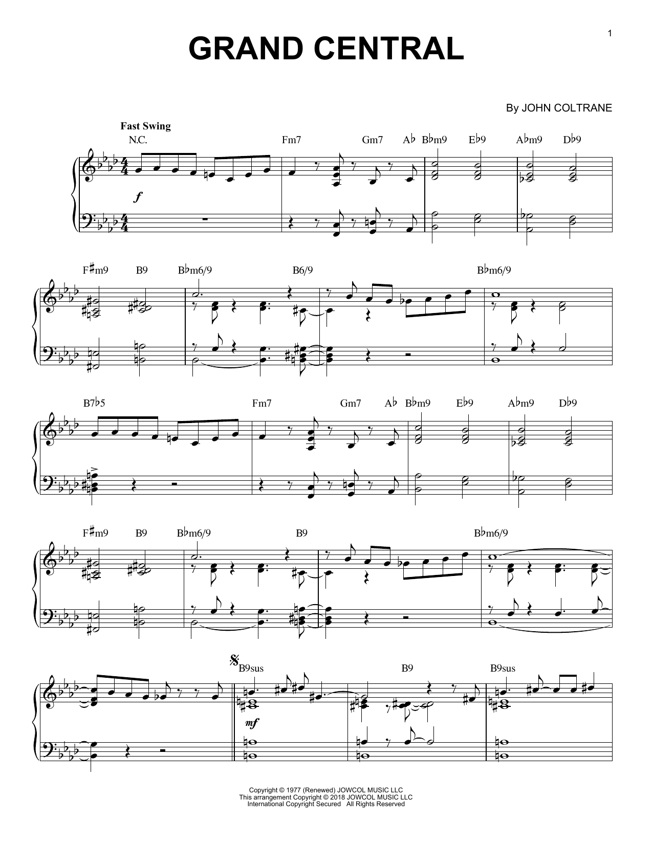 John Coltrane Grand Central [Jazz version] sheet music notes and chords arranged for Piano Solo