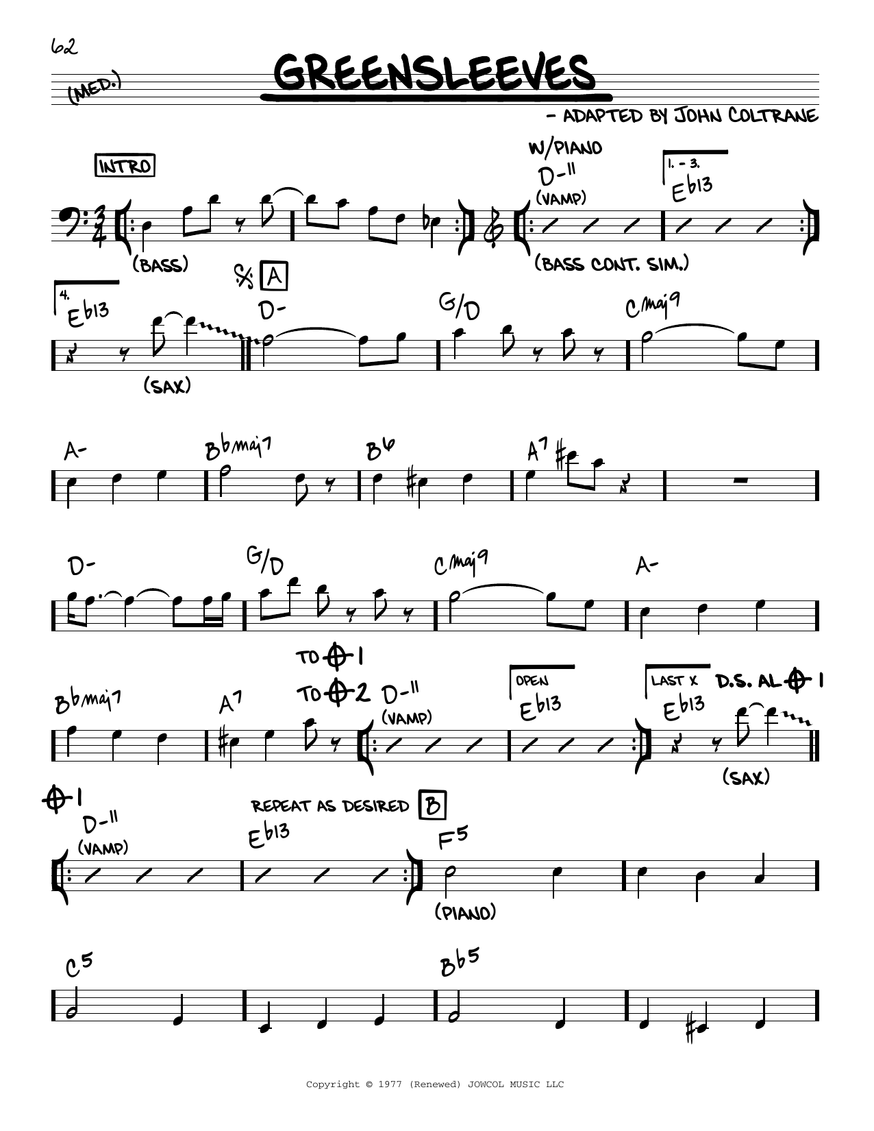 John Coltrane Greensleeves sheet music notes and chords arranged for Real Book – Melody & Chords