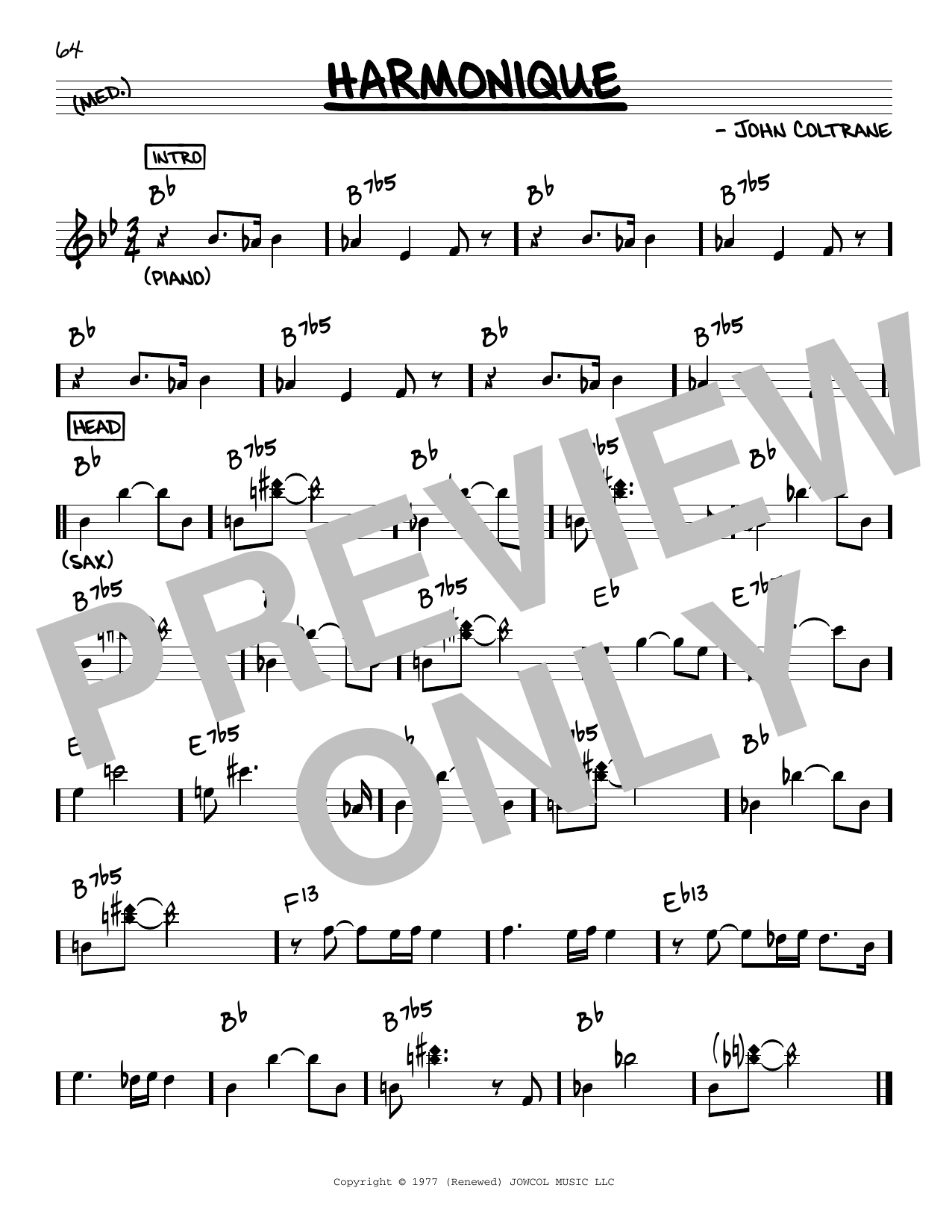 John Coltrane Harmonique sheet music notes and chords arranged for Real Book – Melody & Chords