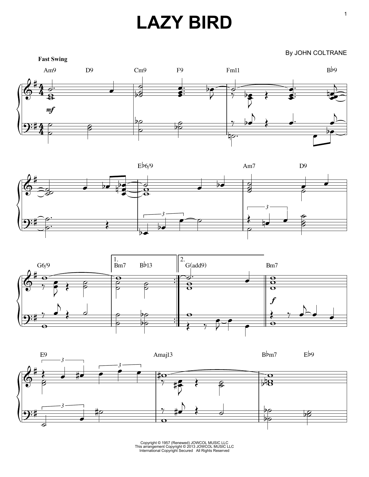John Coltrane Lazy Bird (arr. Brent Edstrom) sheet music notes and chords arranged for Piano Solo
