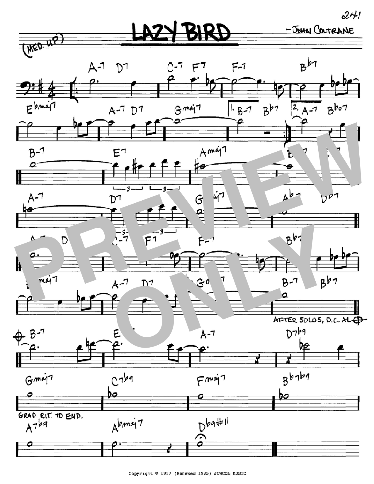John Coltrane Lazy Bird sheet music notes and chords arranged for Real Book – Melody & Chords – C Instruments