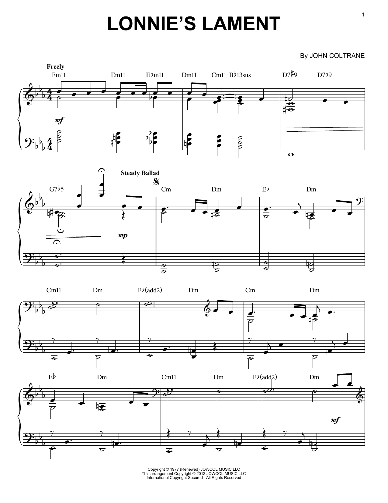 John Coltrane Lonnie's Lament (arr. Brent Edstrom) sheet music notes and chords arranged for Piano Solo
