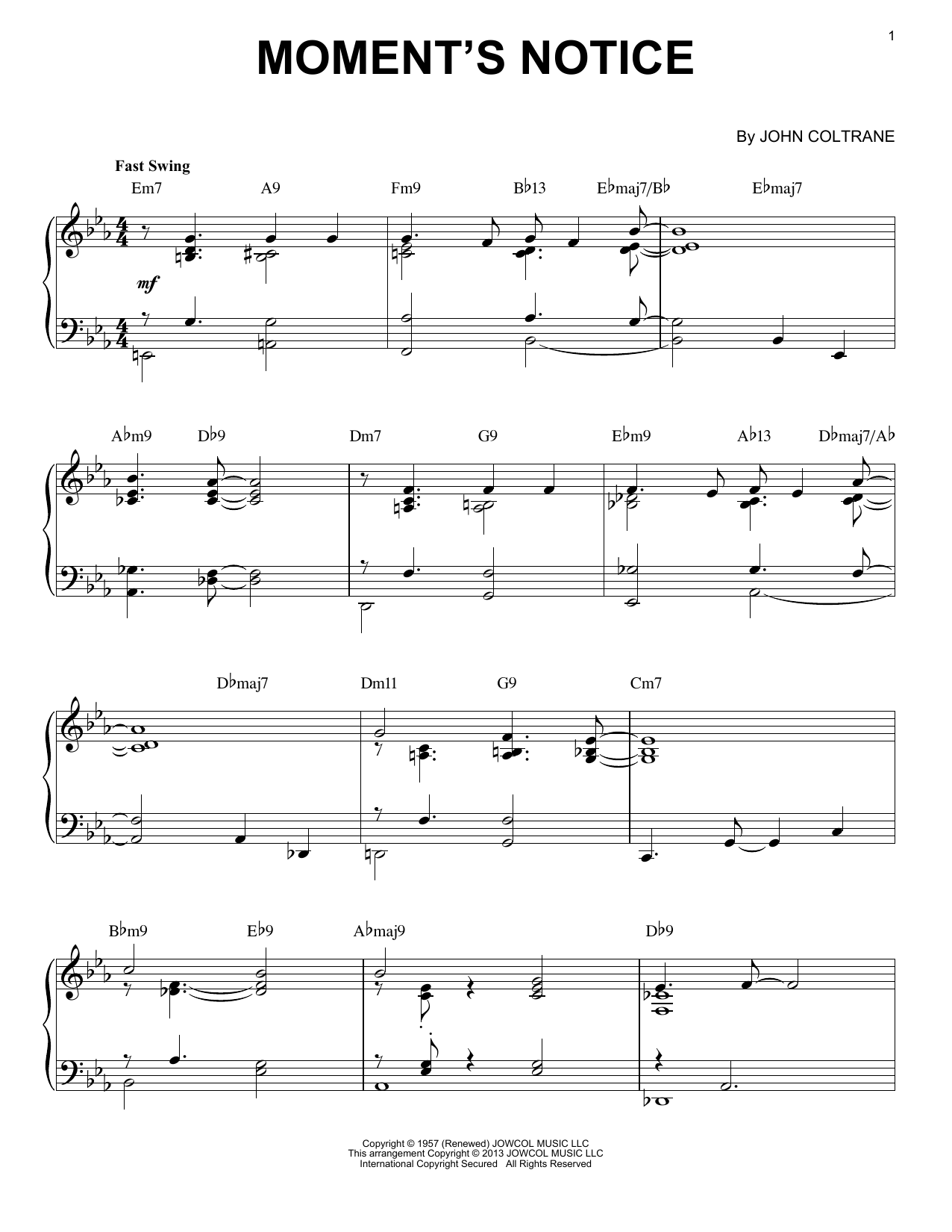 John Coltrane Moment's Notice (arr. Brent Edstrom) sheet music notes and chords arranged for Piano Solo