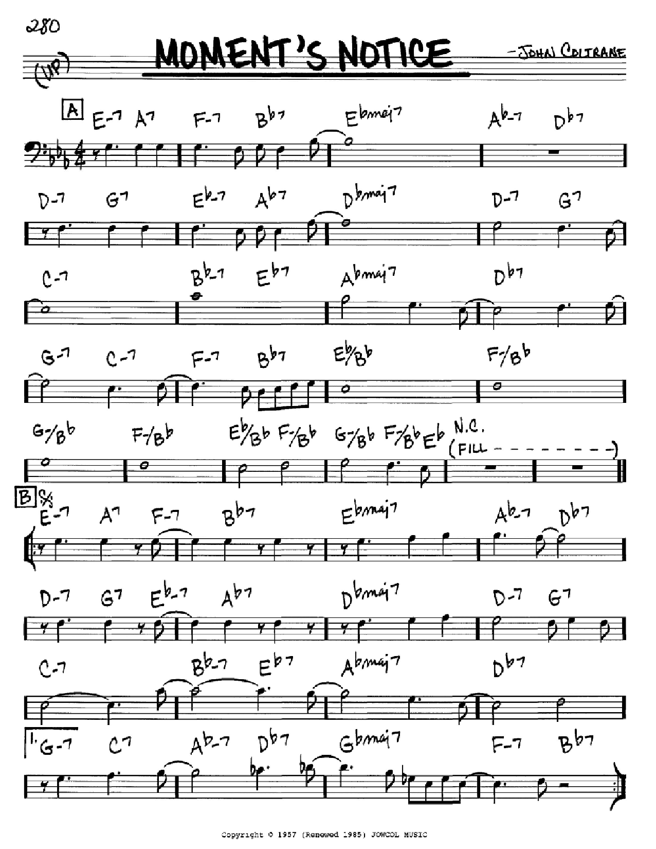 John Coltrane Moment's Notice sheet music notes and chords arranged for Real Book – Melody & Chords – Bass Clef Instruments