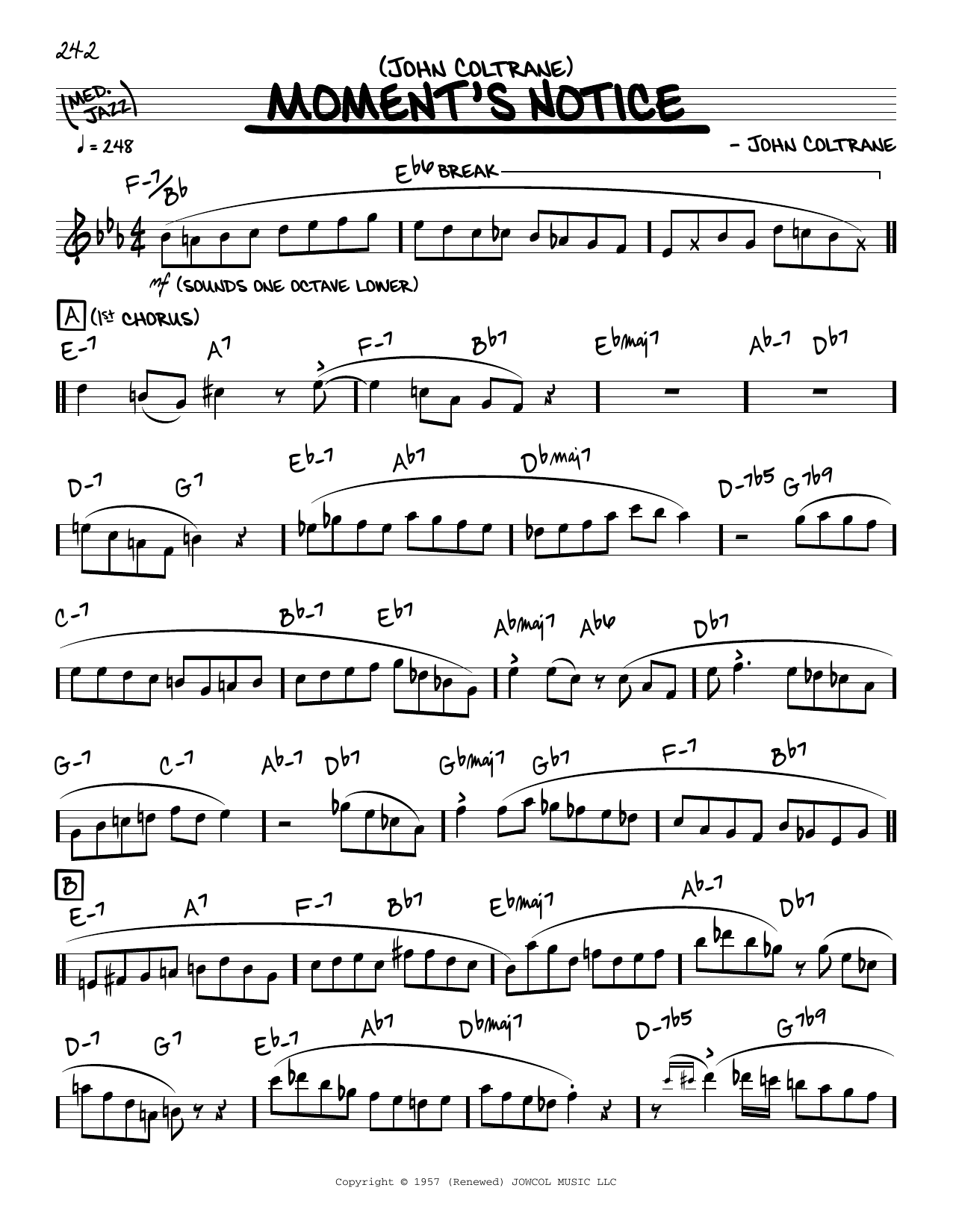 John Coltrane Moment's Notice (solo only) sheet music notes and chords arranged for Real Book – Melody & Chords