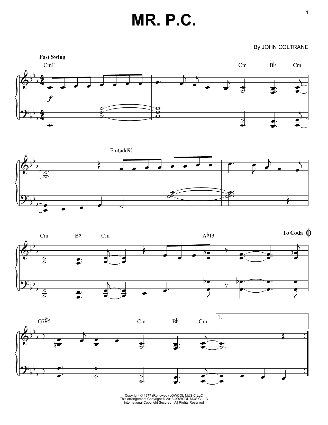John Coltrane Mr. P.C. (arr. Brent Edstrom) sheet music notes and chords arranged for Piano Solo
