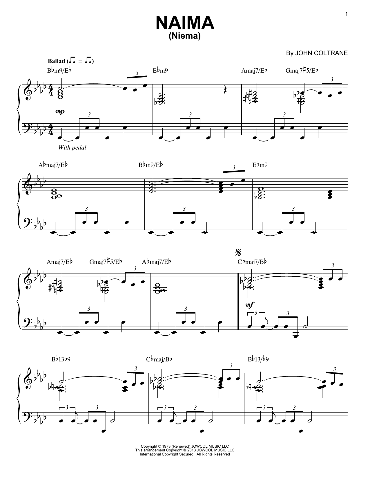 John Coltrane Naima (Niema) (arr. Brent Edstrom) sheet music notes and chords arranged for Piano Solo