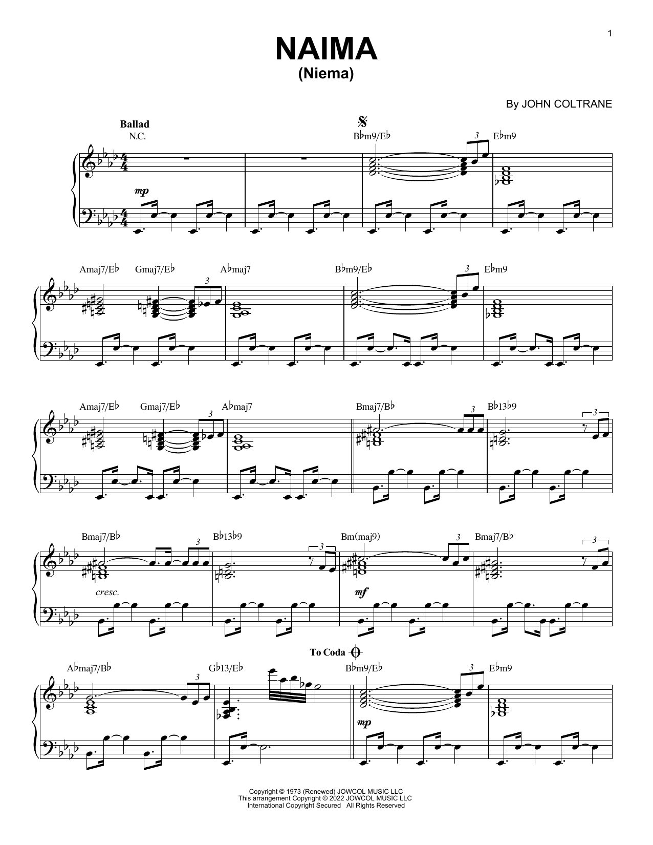 John Coltrane Naima (Niema) [Jazz version] (arr. Brent Edstrom) sheet music notes and chords arranged for Piano Solo