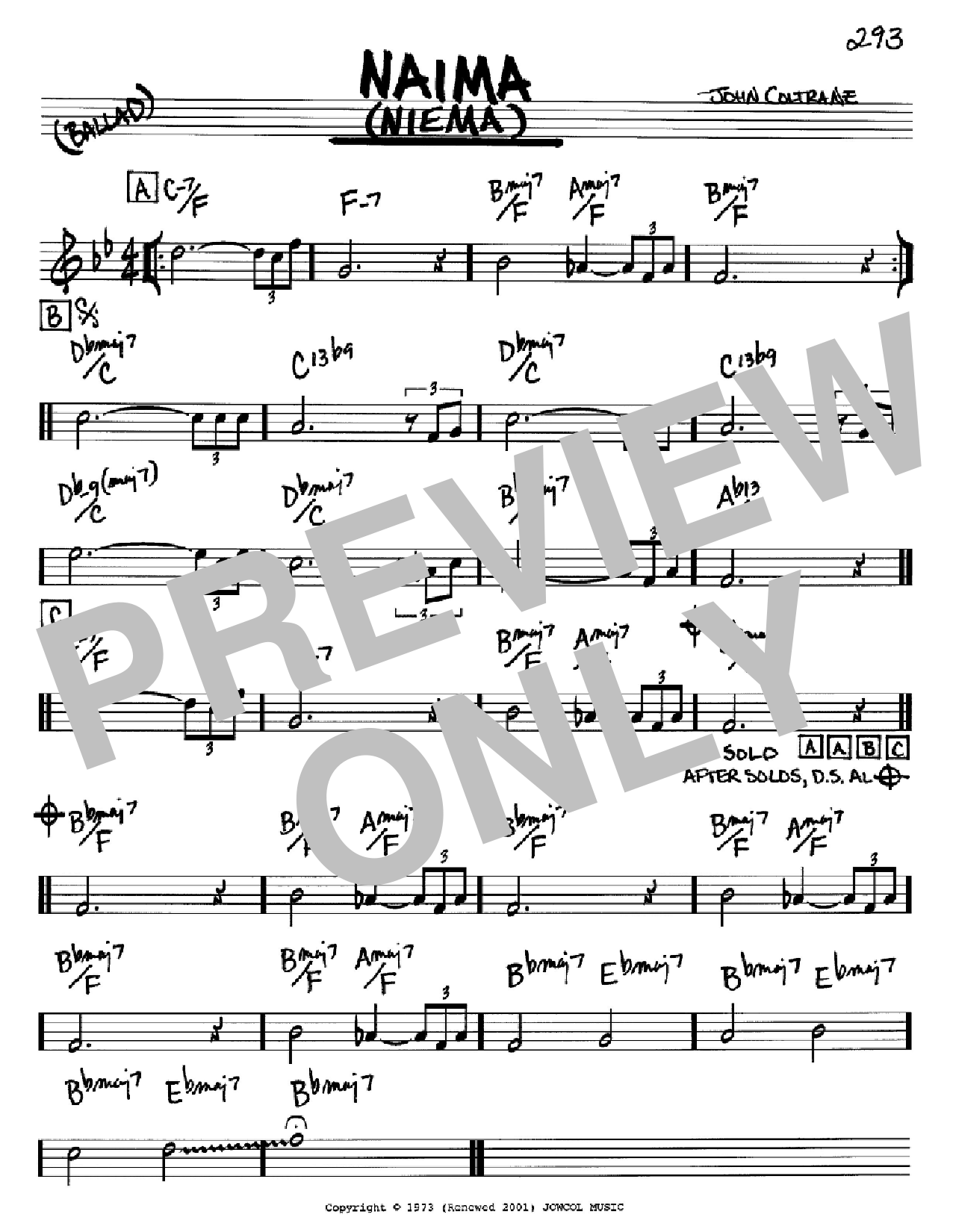John Coltrane Naima (Niema) sheet music notes and chords arranged for Real Book – Melody & Chords – Bb Instruments