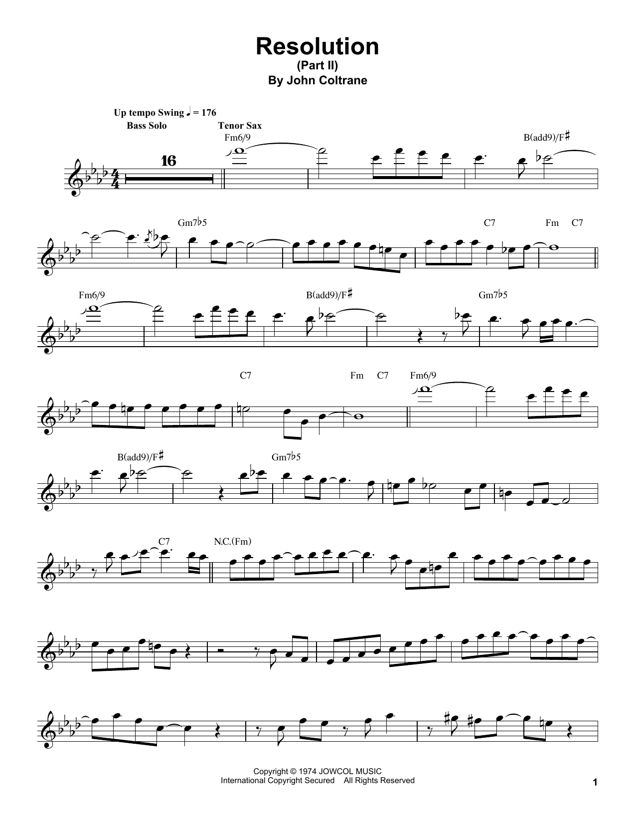John Coltrane Resolution (Part II) sheet music notes and chords arranged for Tenor Sax Transcription