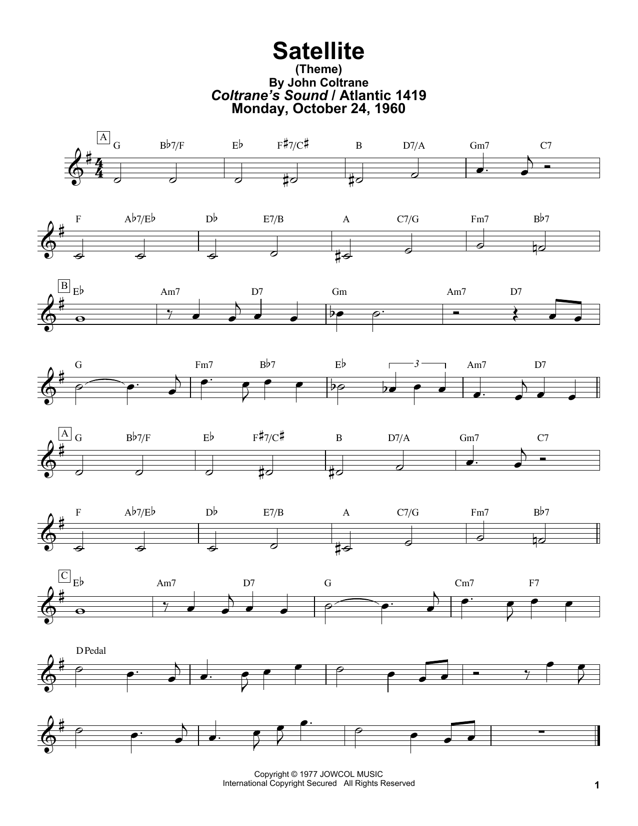 John Coltrane Satellite sheet music notes and chords arranged for Tenor Sax Transcription