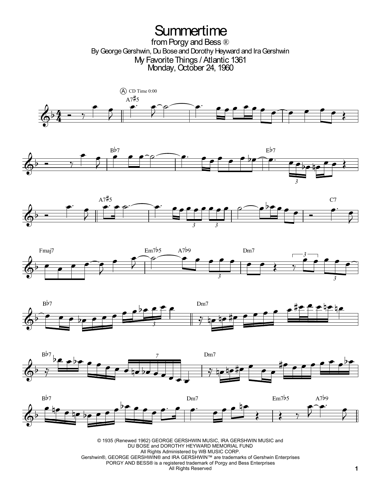 John Coltrane Summertime sheet music notes and chords arranged for Tenor Sax Transcription