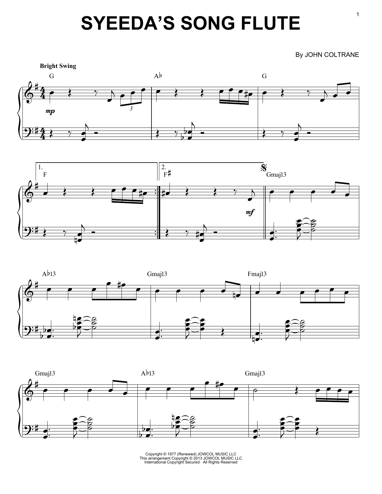 John Coltrane Syeeda's Song Flute (arr. Brent Edstrom) sheet music notes and chords arranged for Piano Solo