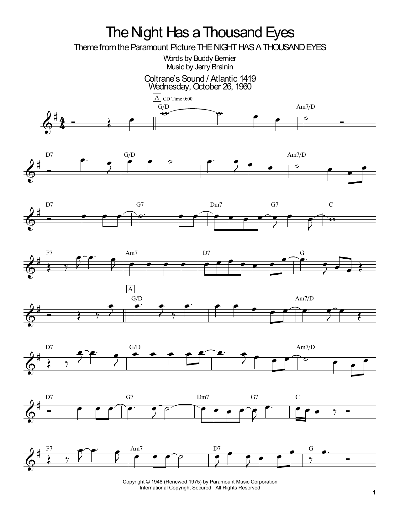 John Coltrane The Night Has A Thousand Eyes sheet music notes and chords arranged for Tenor Sax Transcription