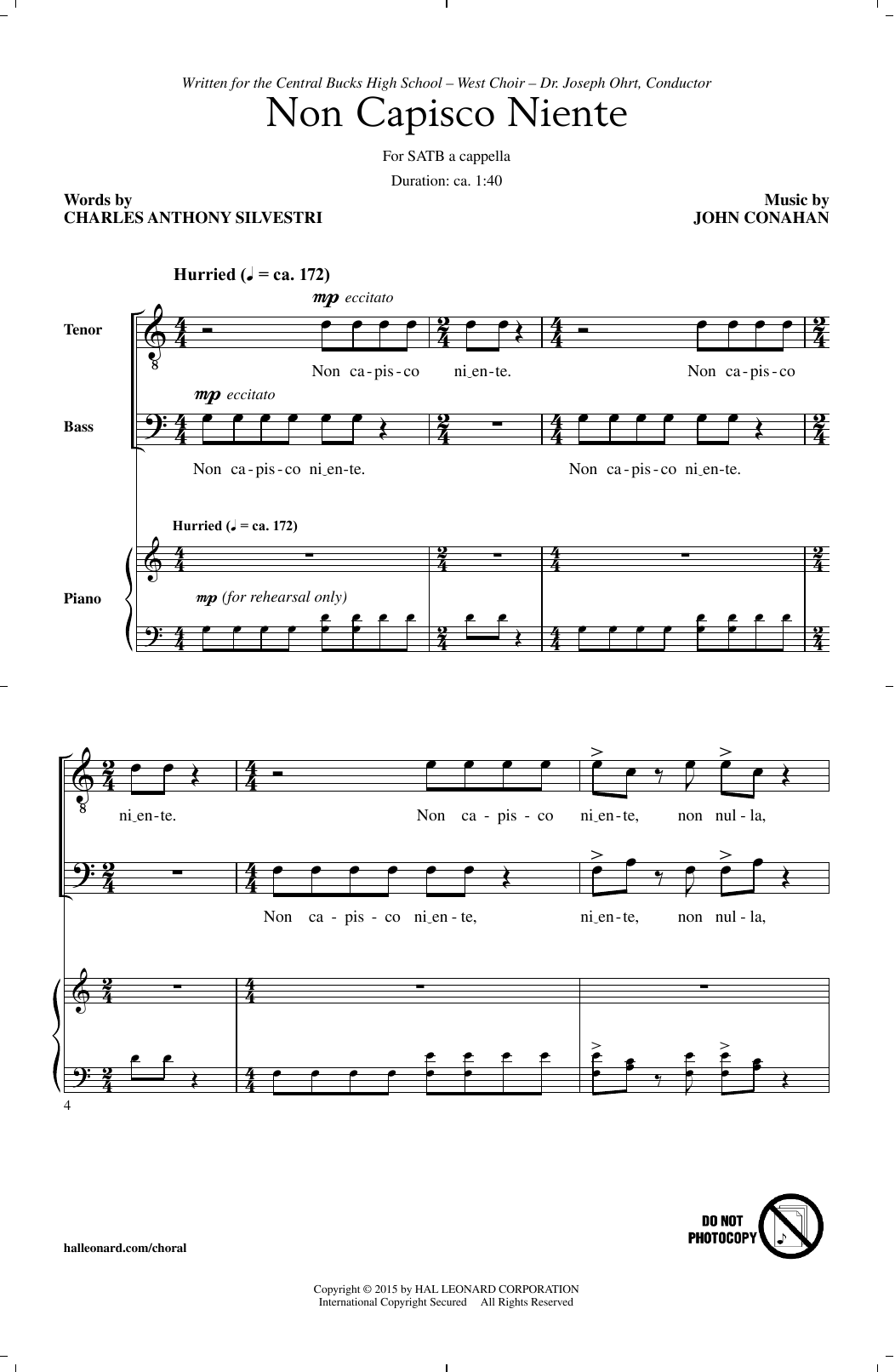 John Conahan Non Capisco Niente sheet music notes and chords arranged for SATB Choir