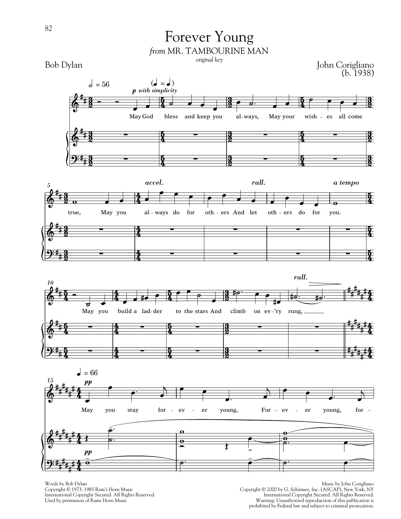 John Corigliano Forever Young sheet music notes and chords arranged for Piano & Vocal