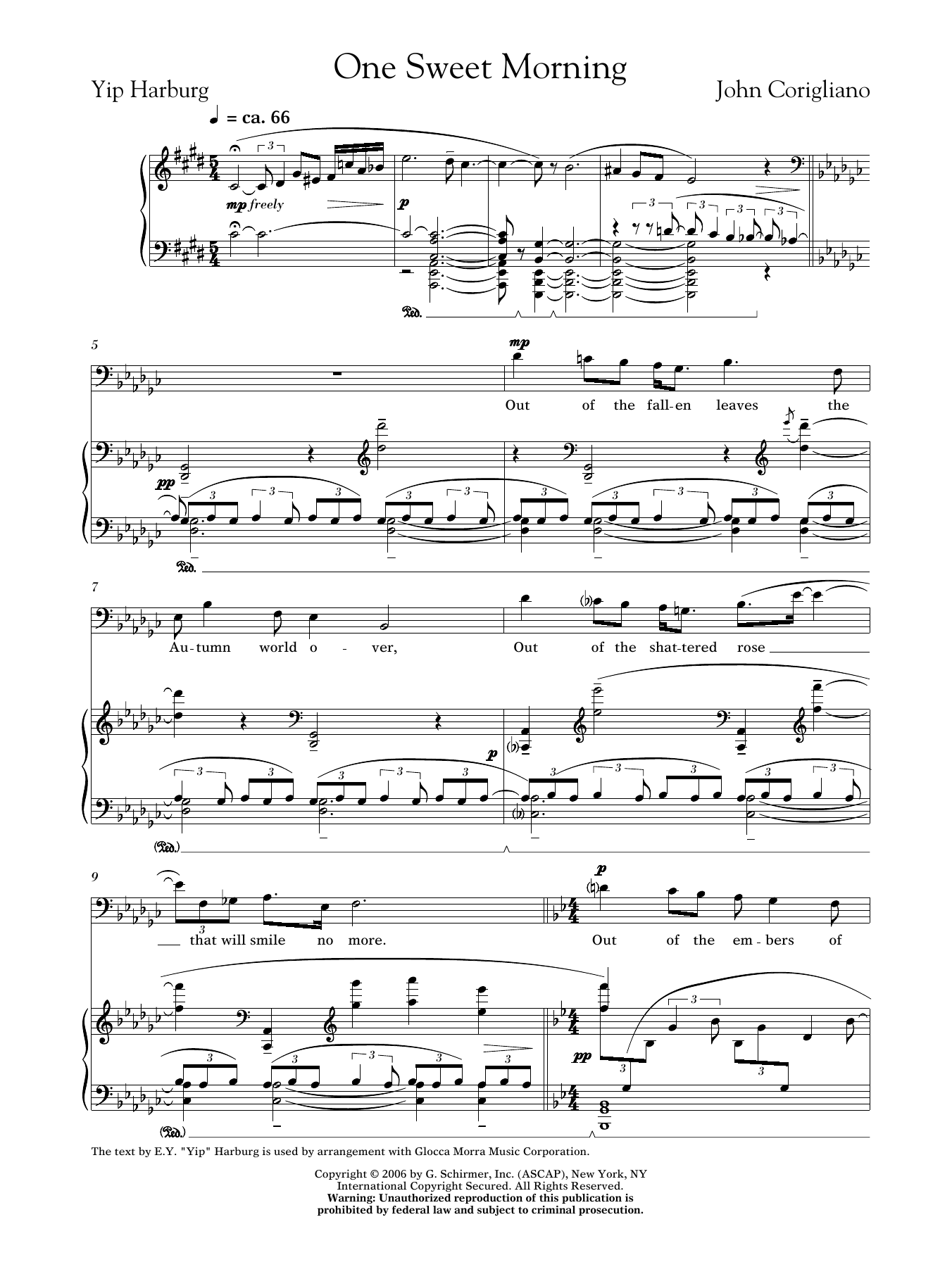 John Corigliano One Sweet Morning (male voice) sheet music notes and chords arranged for Piano & Vocal