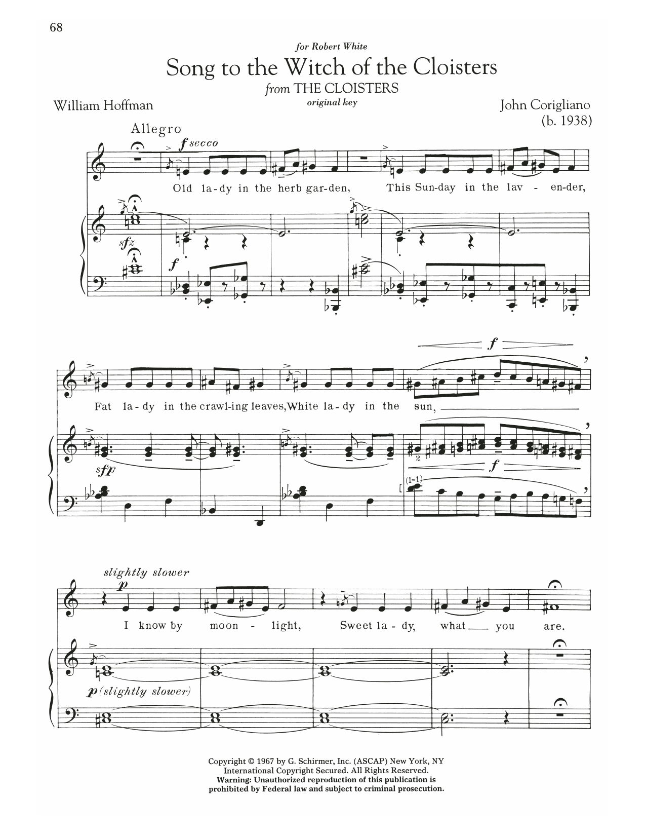 John Corigliano Song To The Witch Of The Cloisters sheet music notes and chords arranged for Piano & Vocal