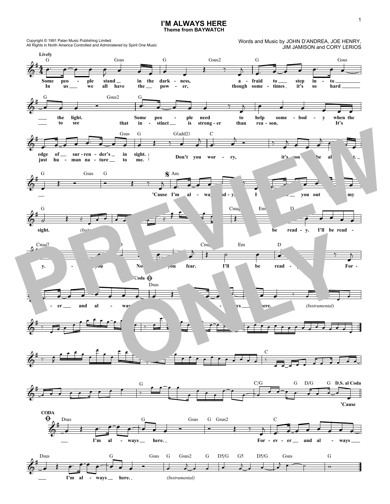 John D'Andrea I'm Always Here sheet music notes and chords arranged for Lead Sheet / Fake Book