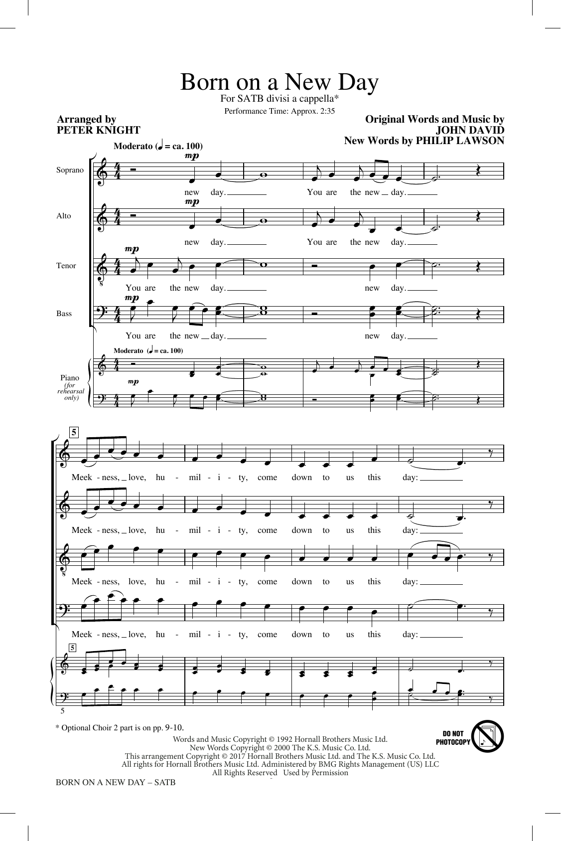 John David & Philip Lawson Born On A New Day (arr. Peter Knight) sheet music notes and chords arranged for SATB Choir