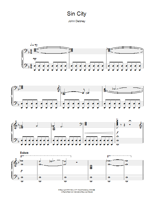 John Debney Sin City (The Big Fat Kill) sheet music notes and chords arranged for Piano Solo