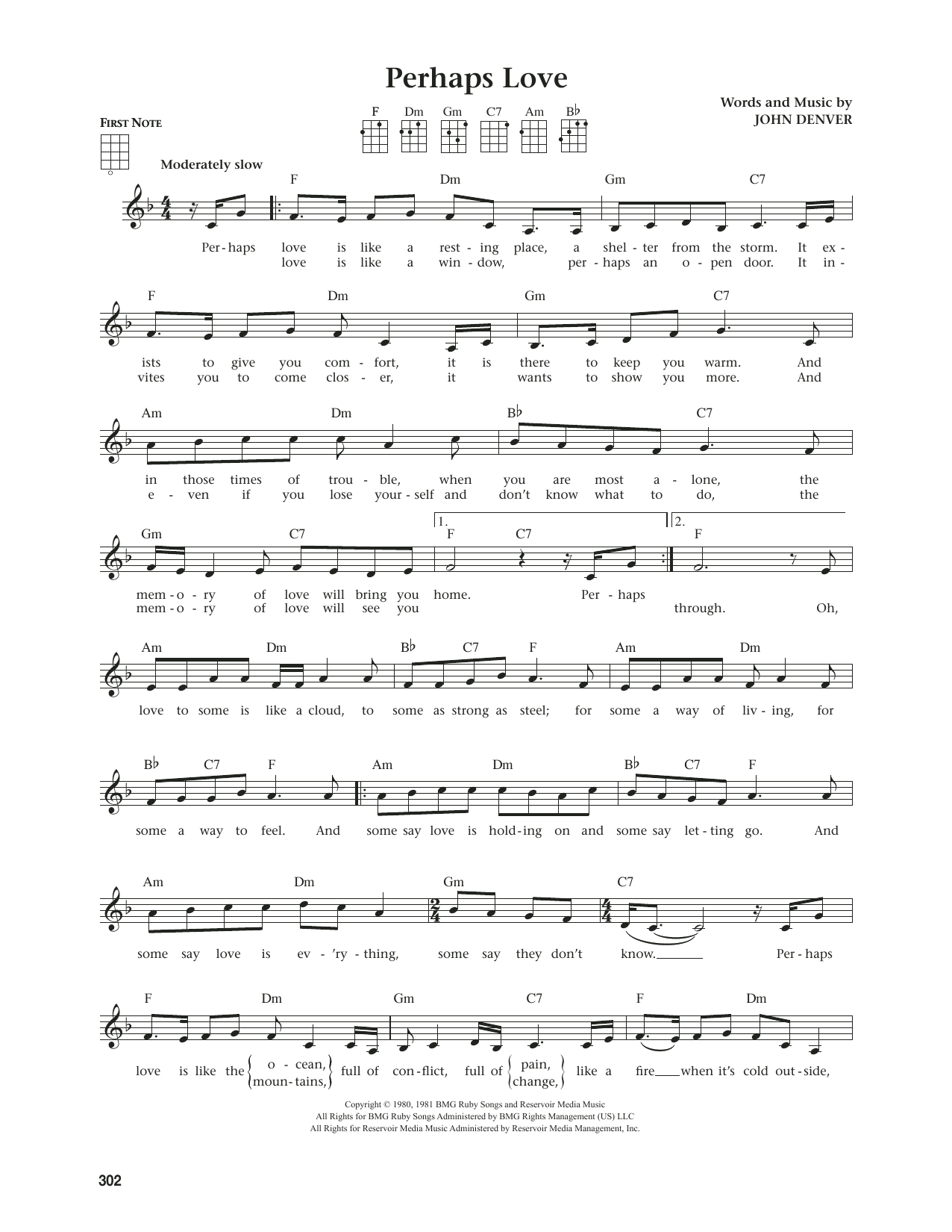 John Denver and Placido Domingo Perhaps Love (from The Daily Ukulele) (arr. Jim Beloff) sheet music notes and chords arranged for Ukulele