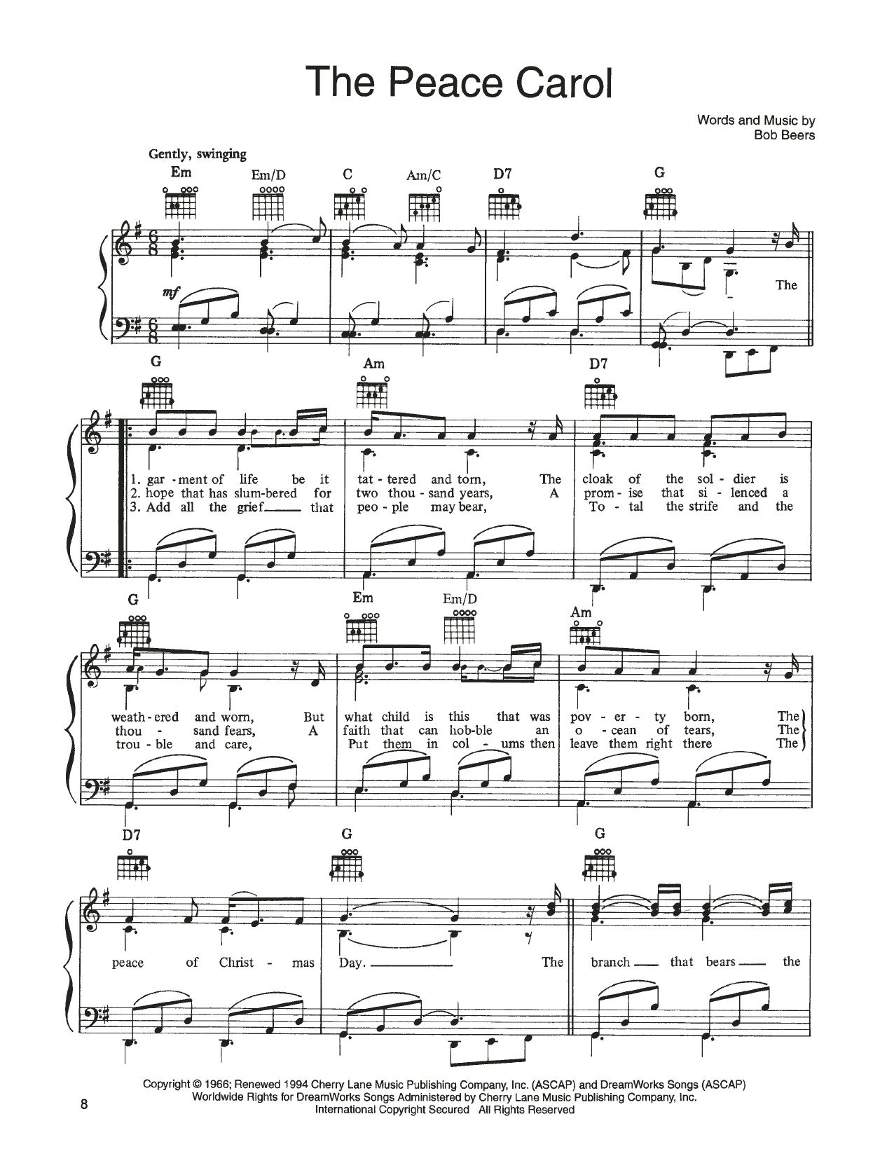 John Denver and The Muppets The Peace Carol (from A Christmas Together) sheet music notes and chords arranged for Piano, Vocal & Guitar Chords (Right-Hand Melody)