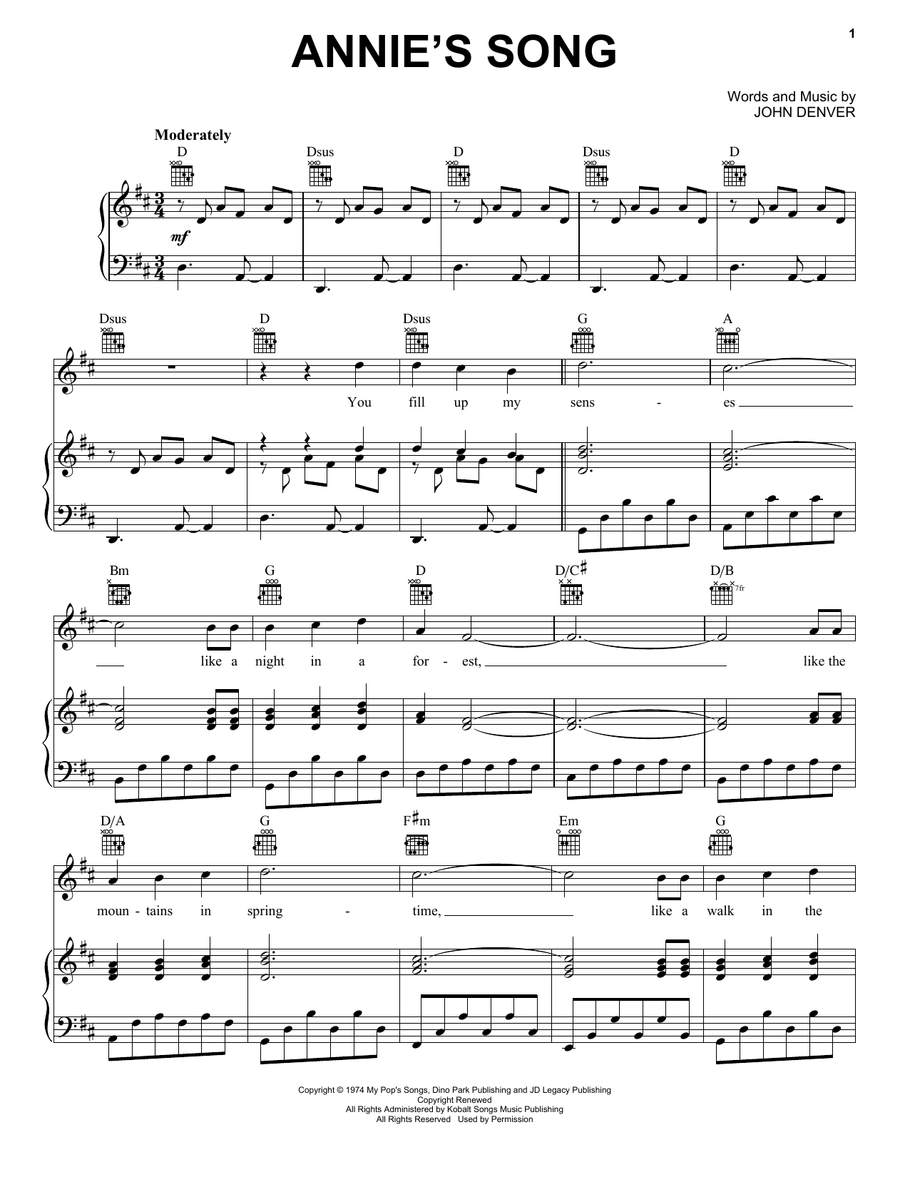John Denver Annie's Song sheet music notes and chords arranged for Piano, Vocal & Guitar Chords
