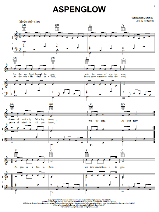 John Denver Aspenglow sheet music notes and chords arranged for Piano, Vocal & Guitar Chords (Right-Hand Melody)