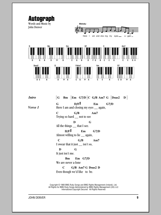 John Denver Autograph sheet music notes and chords arranged for Ukulele Chords/Lyrics