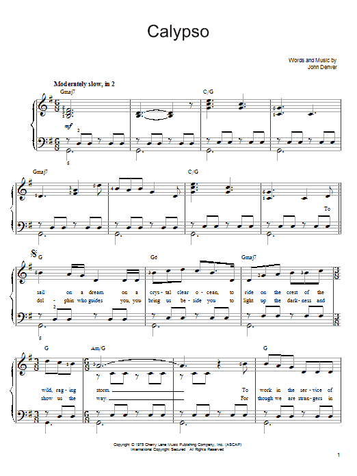 John Denver Calypso sheet music notes and chords arranged for Easy Piano
