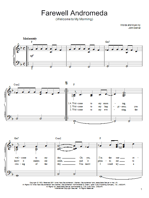 John Denver Farewell Andromeda (Welcome To My Morning) sheet music notes and chords arranged for Piano Chords/Lyrics