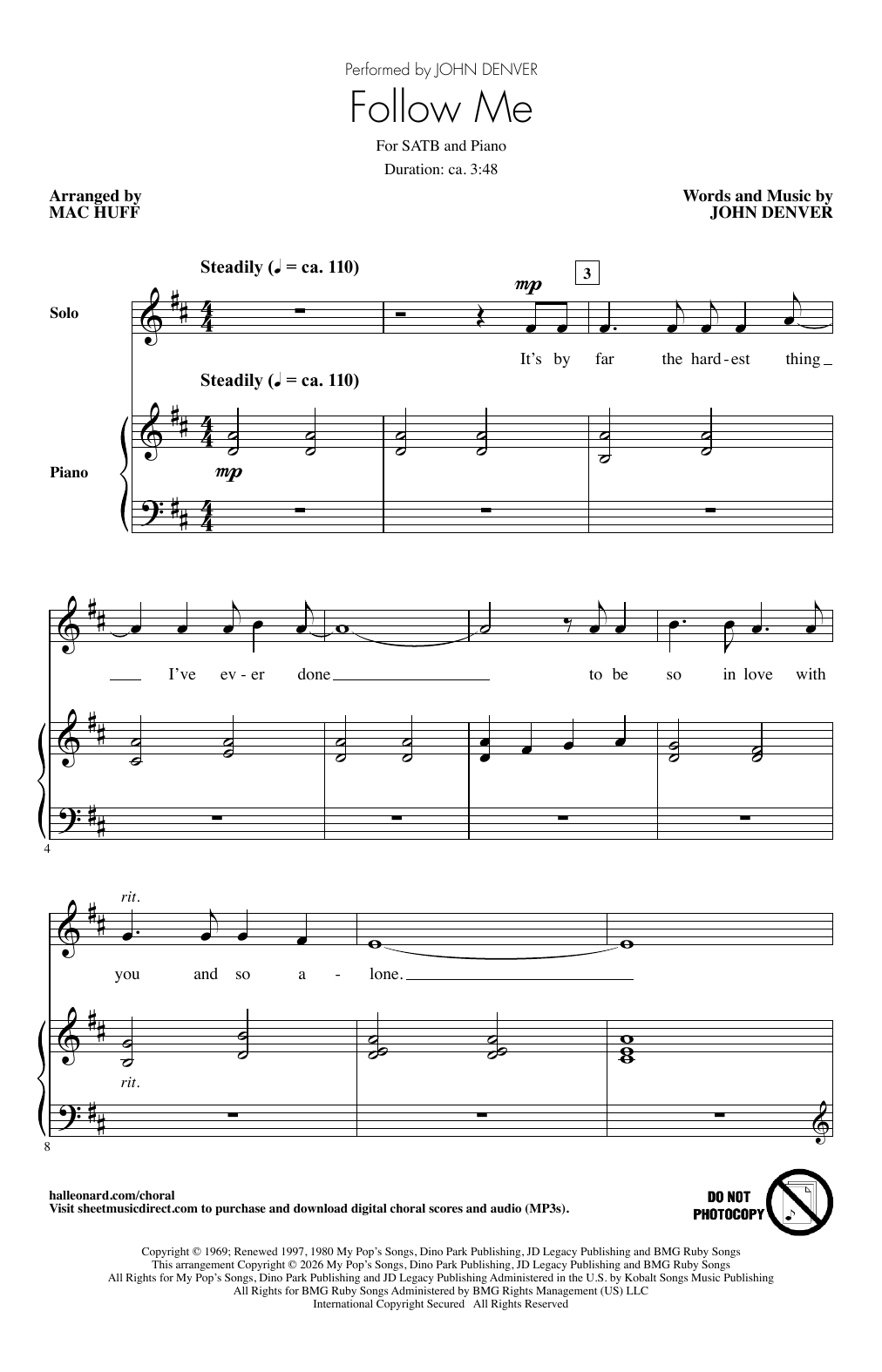 John Denver Follow Me (arr. Mac Huff) sheet music notes and chords arranged for SATB Choir