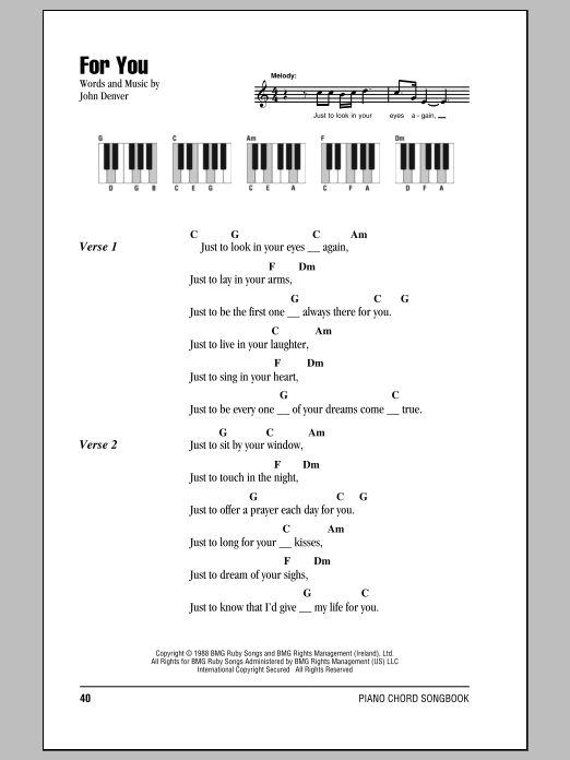 John Denver For You sheet music notes and chords arranged for Piano, Vocal & Guitar Chords (Right-Hand Melody)